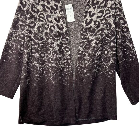 New Chico's Women's 100%Wool Knit Animal Print Ombre Open Cardigan Size 2 large - Picture 2 of 16